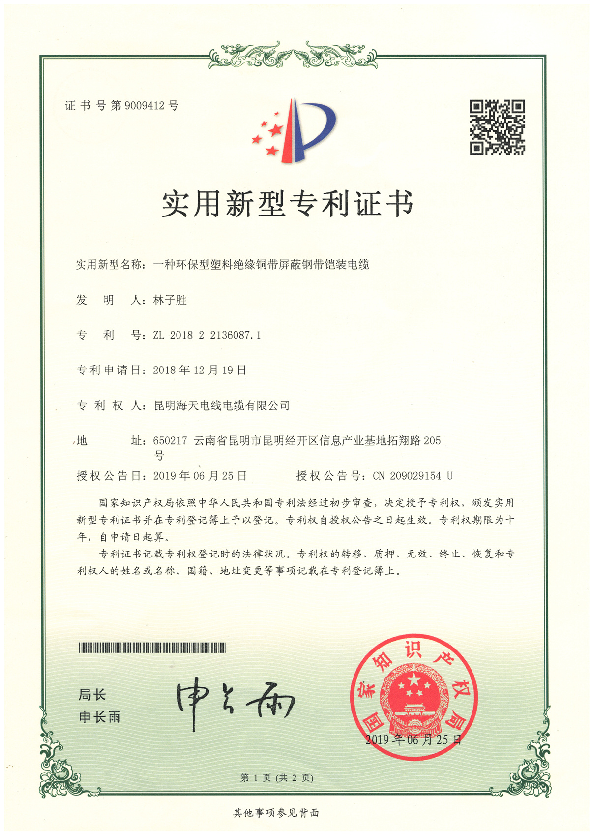 一种环保型塑料绝缘铜带屏蔽钢带铠装电缆